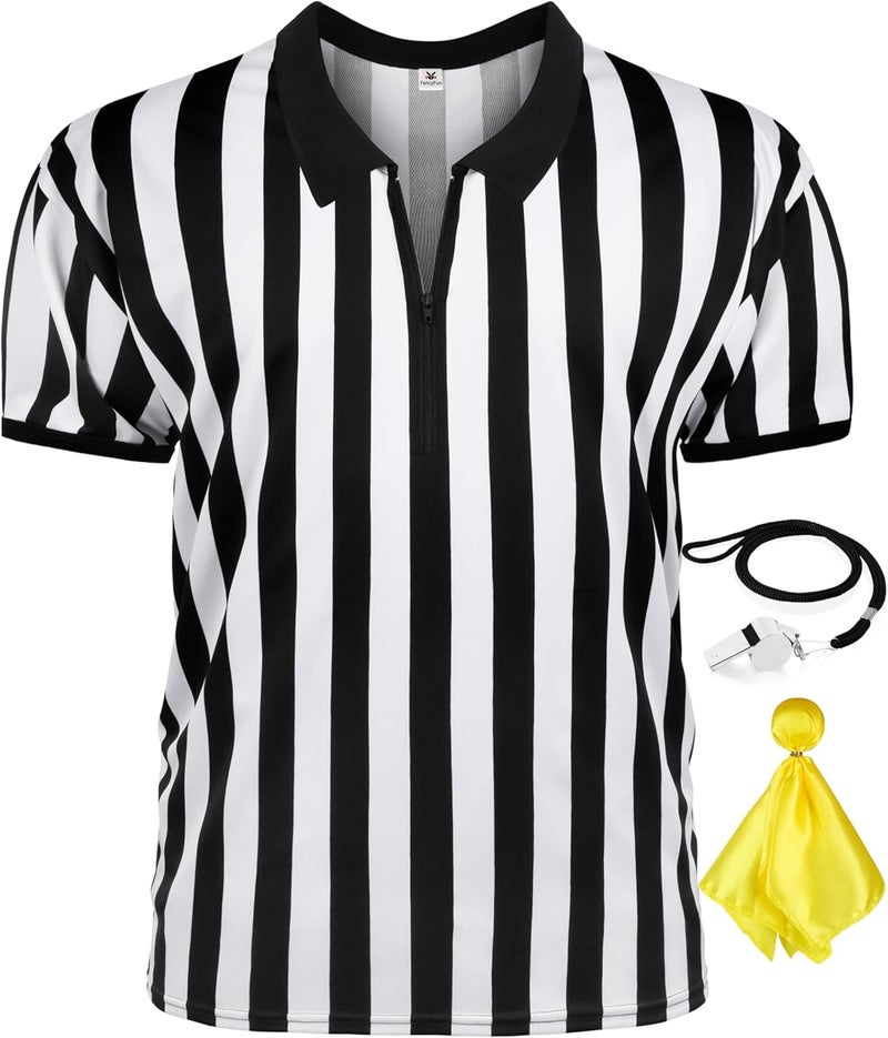 FancyFun Store 3 Pcs Referee Shirt, Referee Costume Men Women Zipper Collar Black and White Striped Ref Shirt for Football Soccer Sports - Image 1